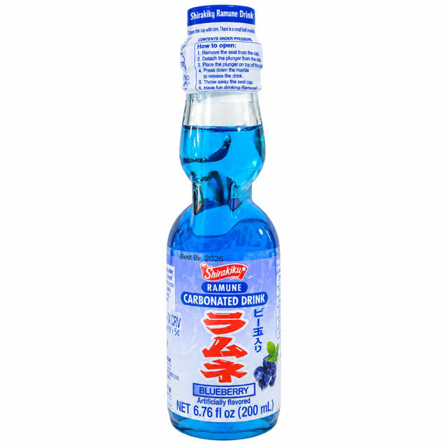 Shirakiku Ramune Blueberry Soda.